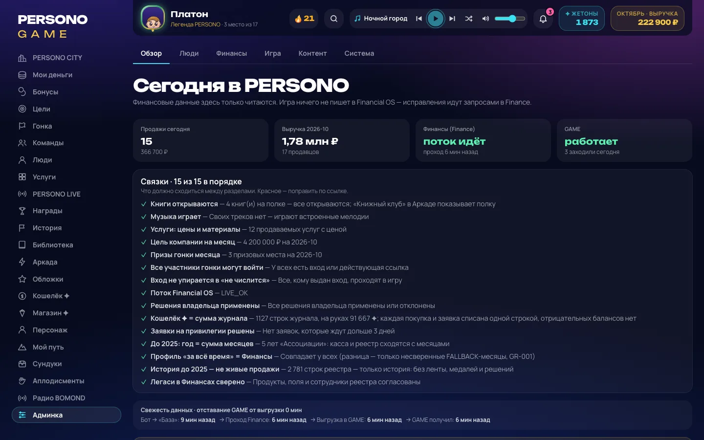 Админка руководителя — экран PERSONO GAME