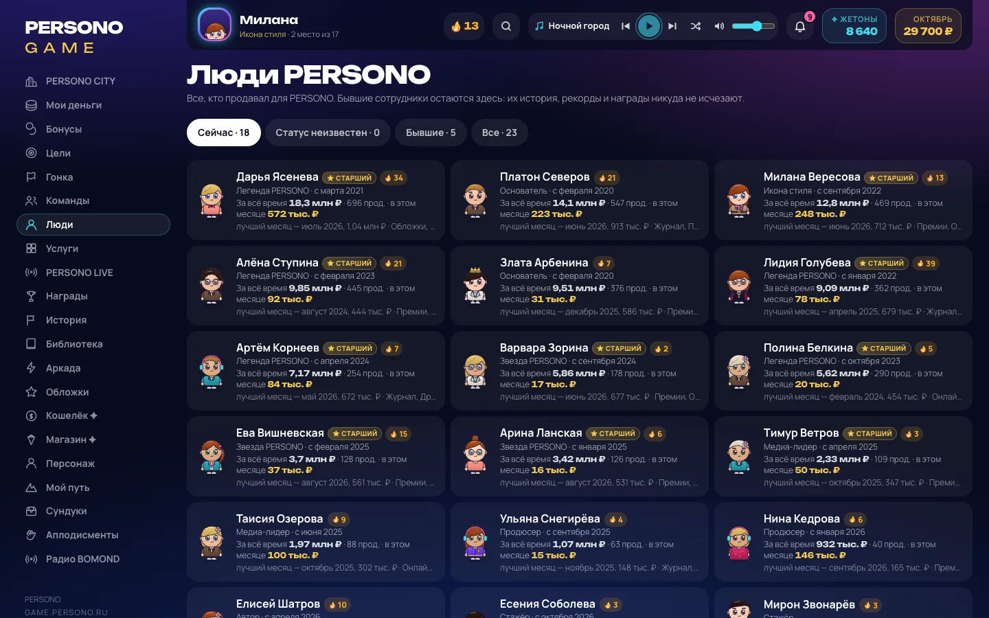 Люди и команды — экран PERSONO GAME